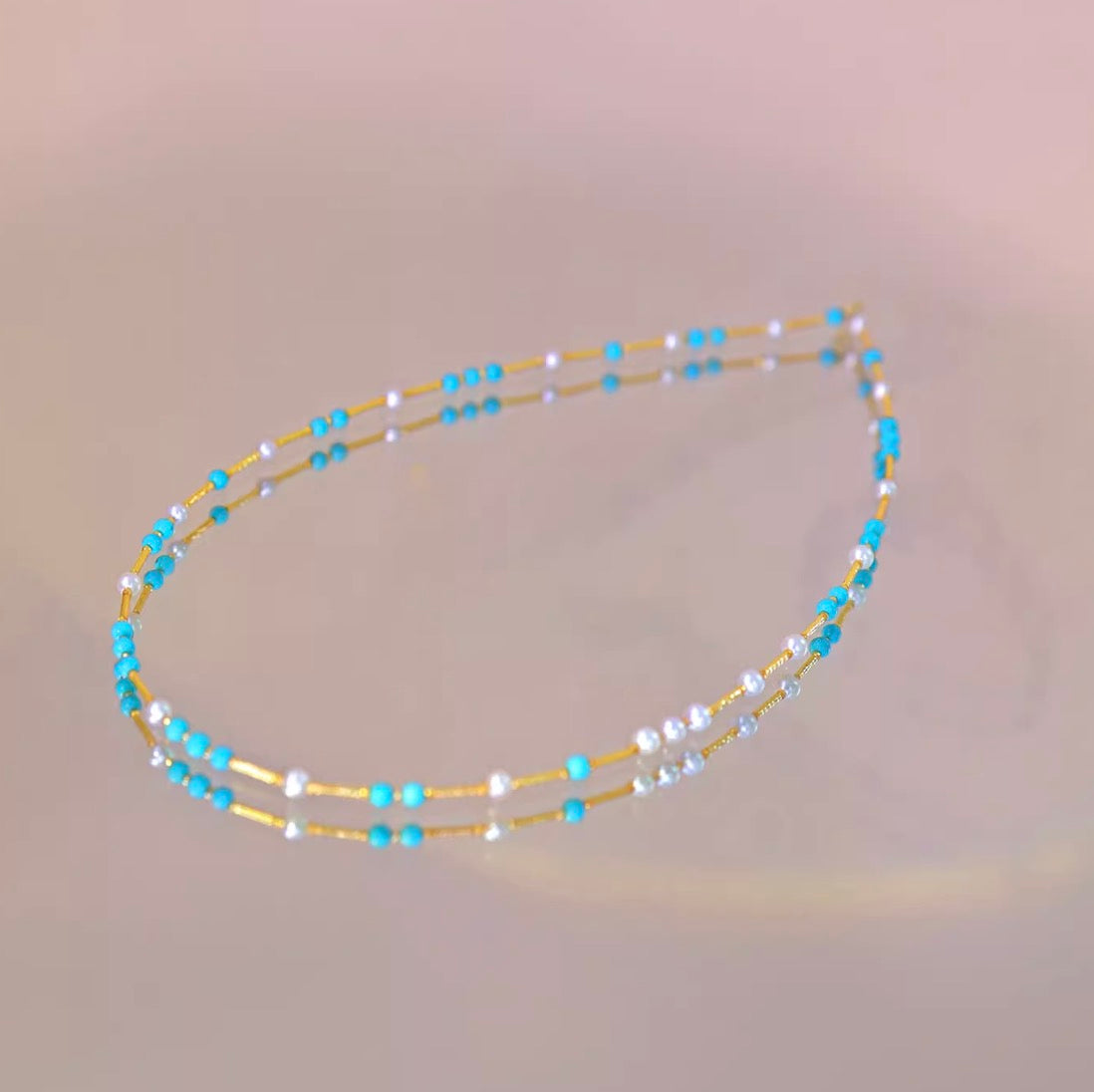 K18YG あこや真珠 パール ターコイズ ワイヤー ステーションネックレス 18K あこや アコヤ真珠 小粒 小珠 トルコ石