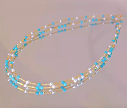 K18YG あこや真珠 パール ターコイズ ワイヤー ステーションネックレス 18K あこや アコヤ真珠 小粒 小珠 トルコ石