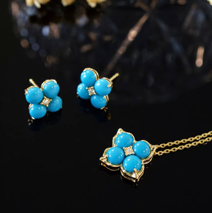 K18YG ターコイズ カボション 四ツ葉 クローバー 18K イエローゴールド 花 ダイヤモンド トルコ石 ペンダント ネックレス ピアス