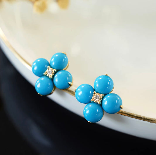 K18YG ターコイズ カボション 四ツ葉 クローバー 18K イエローゴールド 花 ダイヤモンド トルコ石 ペンダント ネックレス ピアス