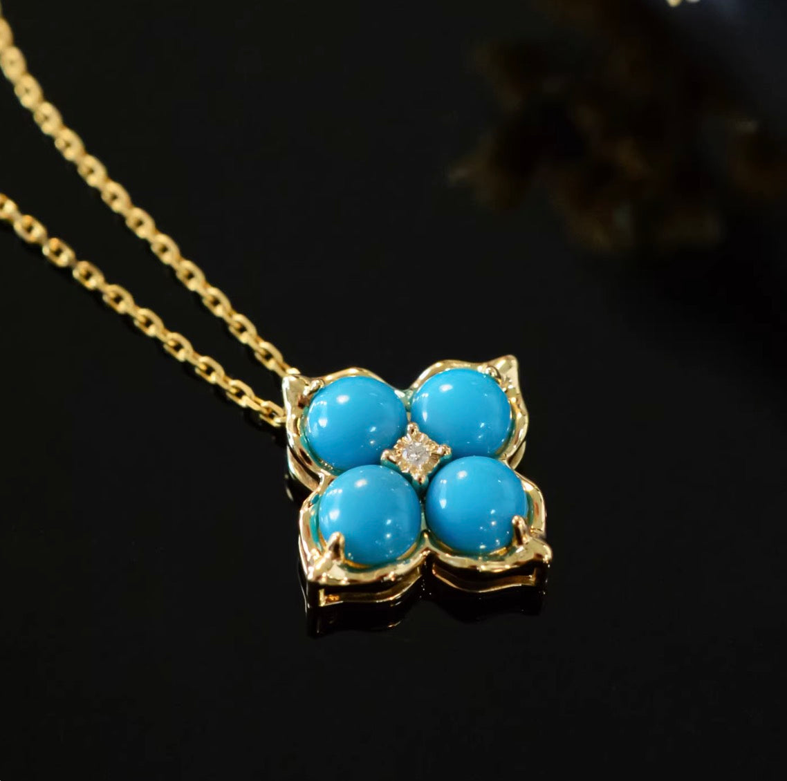 K18YG ターコイズ カボション 四ツ葉 クローバー 18K イエローゴールド 花 ダイヤモンド トルコ石 ペンダント ネックレス ピアス
