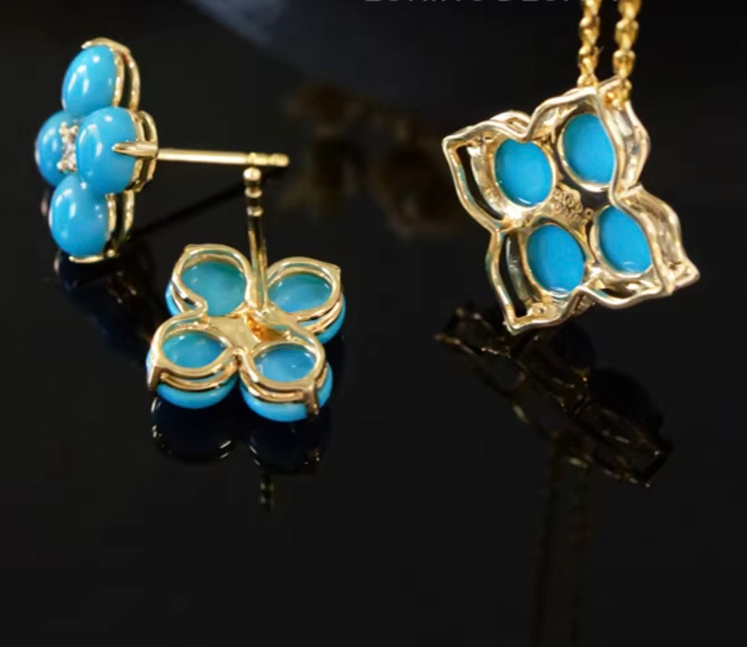 K18YG ターコイズ カボション 四ツ葉 クローバー 18K イエローゴールド 花 ダイヤモンド トルコ石 ペンダント ネックレス ピアス