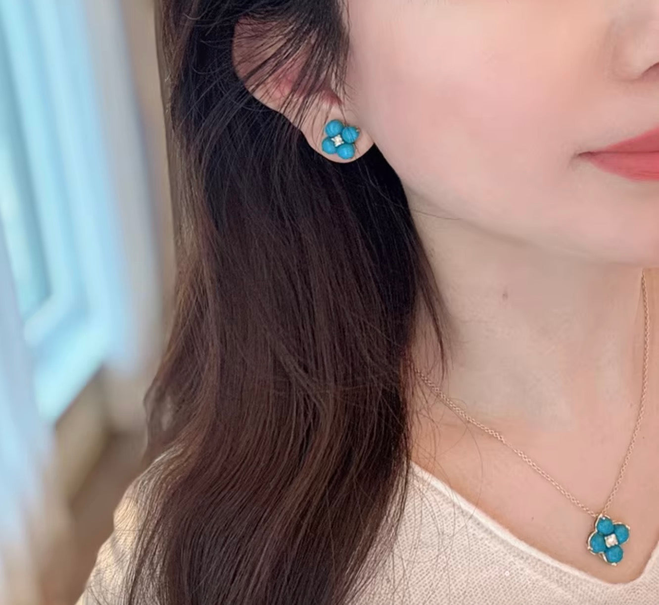 K18YG ターコイズ カボション 四ツ葉 クローバー 18K イエローゴールド 花 ダイヤモンド トルコ石 ペンダント ネックレス ピアス