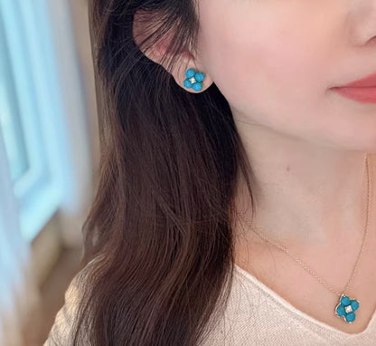 K18YG ターコイズ カボション 四ツ葉 クローバー 18K イエローゴールド 花 ダイヤモンド トルコ石 ペンダント ネックレス ピアス