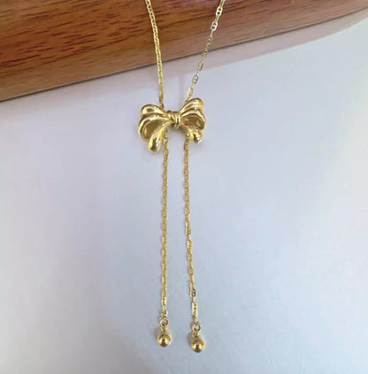 K18YG リボン ロングネックレス 2way スライド式アジャスター 18K フラットマリーナチェーン