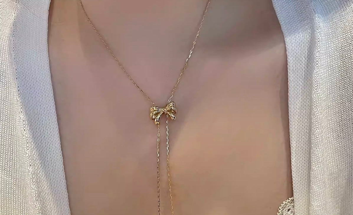 K18YG リボン ロングネックレス 2way スライド式アジャスター 18K フラットマリーナチェーン
