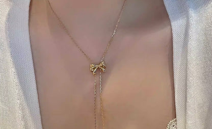 K18YG リボン ロングネックレス 2way スライド式アジャスター 18K フラットマリーナチェーン