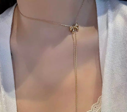 K18YG リボン ロングネックレス 2way スライド式アジャスター 18K フラットマリーナチェーン