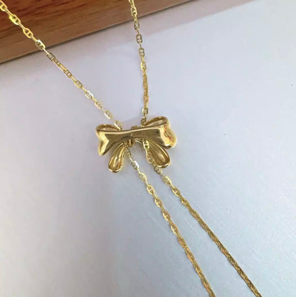 K18YG リボン ロングネックレス 2way スライド式アジャスター 18K フラットマリーナチェーン