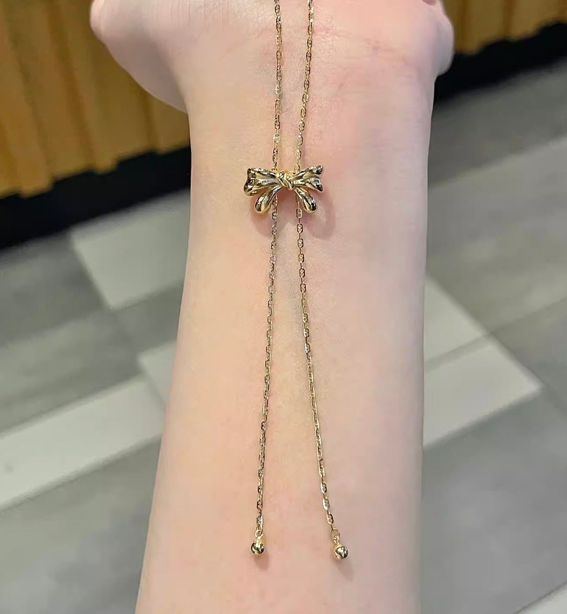 K18YG リボン ロングネックレス 2way スライド式アジャスター 18K フラットマリーナチェーン