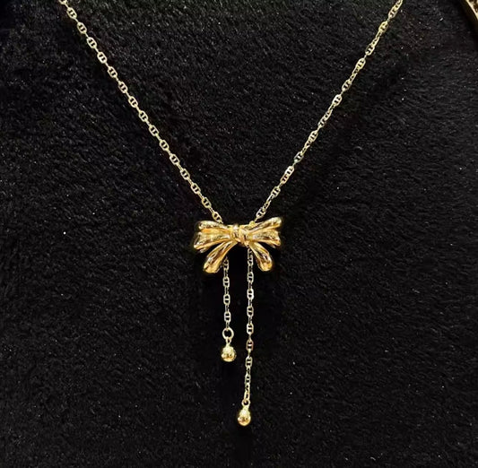 K18YG リボン ロングネックレス 2way スライド式アジャスター 18K フラットマリーナチェーン