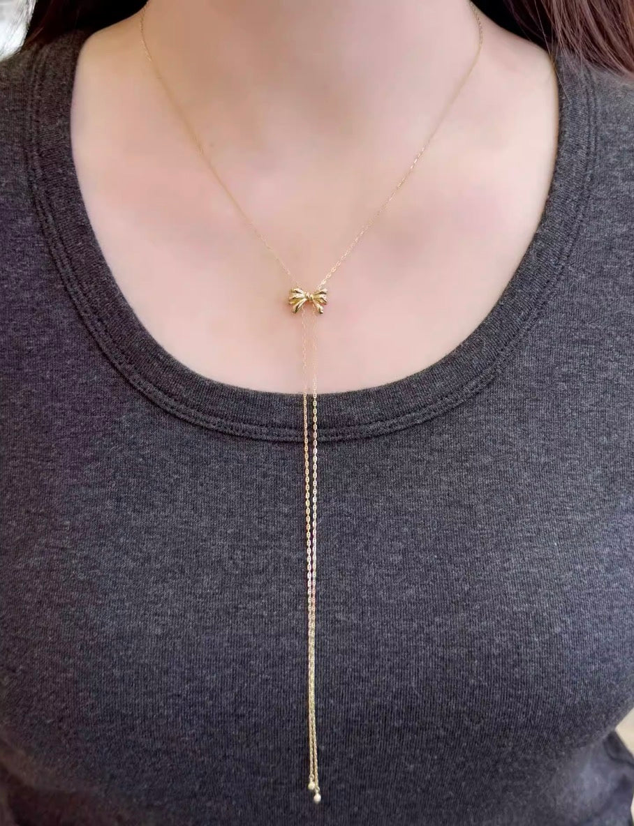K18YG リボン ロングネックレス 2way スライド式アジャスター 18K フラットマリーナチェーン