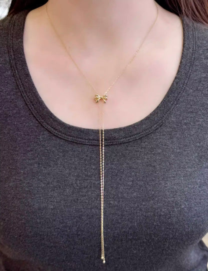 K18YG リボン ロングネックレス 2way スライド式アジャスター 18K フラットマリーナチェーン