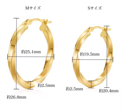 K18YG ピアス ツイスト 中空 フープピアス リングピアス 18K ラウンド 円形 ウェーブ