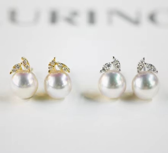 K18YG WG あこや真珠 ピアス ダイヤモンド リーフ 18K アコヤ真珠 パール シンプル