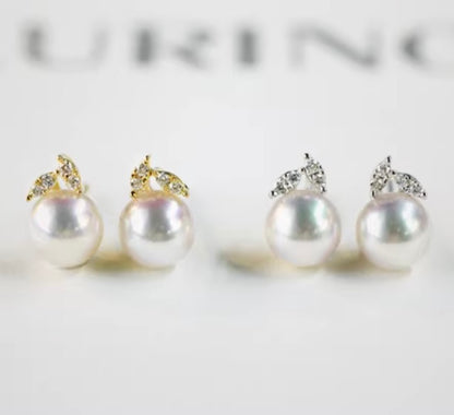 K18YG WG あこや真珠 ピアス ダイヤモンド リーフ 18K アコヤ真珠 パール シンプル