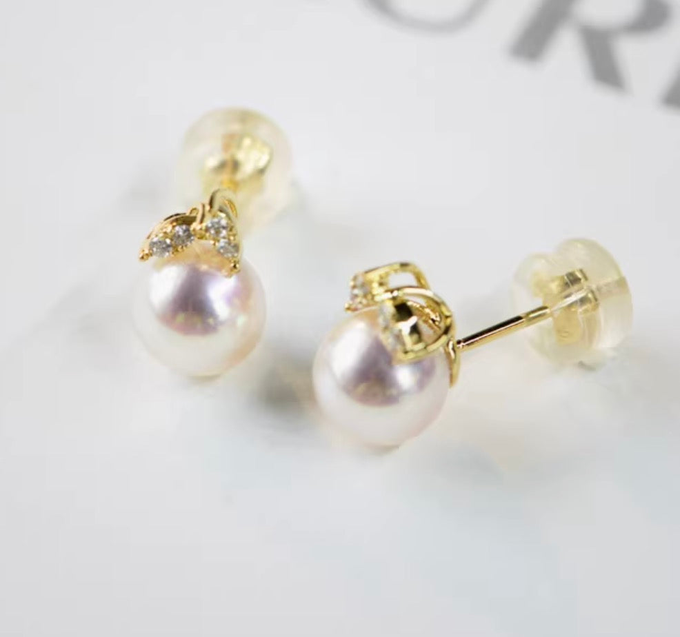 K18YG WG あこや真珠 ピアス ダイヤモンド リーフ 18K アコヤ真珠 パール シンプル
