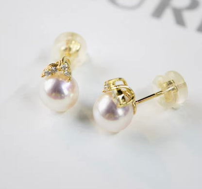 K18YG WG あこや真珠 ピアス ダイヤモンド リーフ 18K アコヤ真珠 パール シンプル