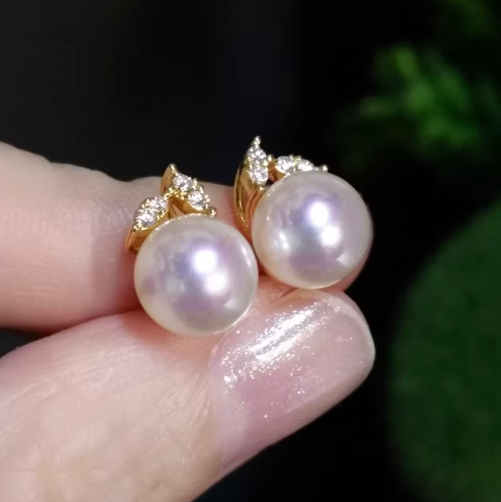 K18YG WG あこや真珠 ピアス ダイヤモンド リーフ 18K アコヤ真珠 パール シンプル