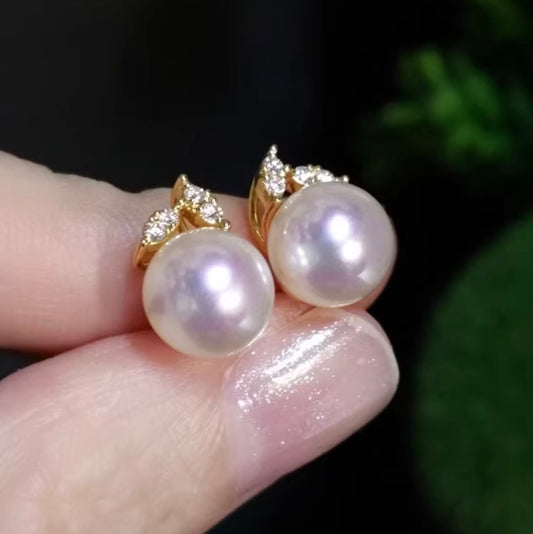K18YG WG あこや真珠 ピアス ダイヤモンド リーフ 18K アコヤ真珠 パール シンプル