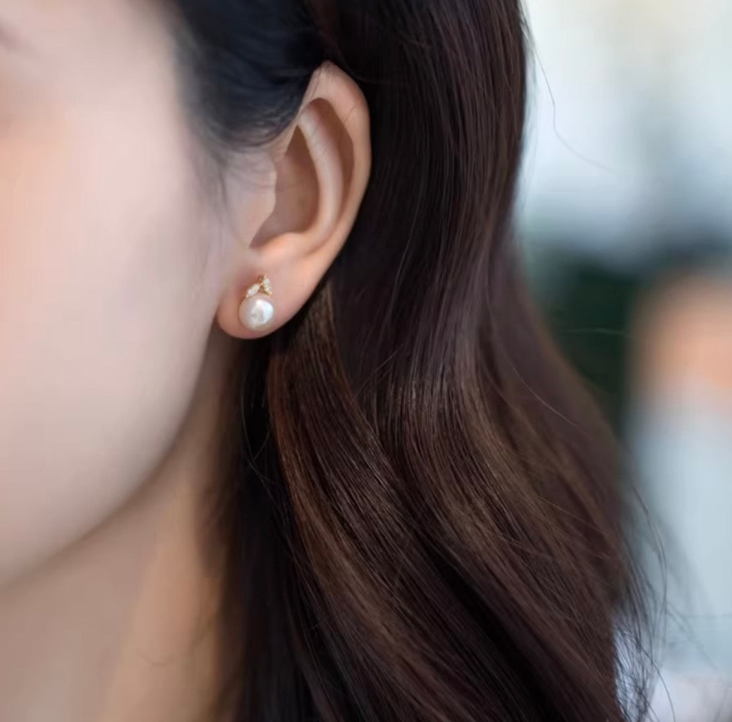 K18YG WG あこや真珠 ピアス ダイヤモンド リーフ 18K アコヤ真珠 パール シンプル