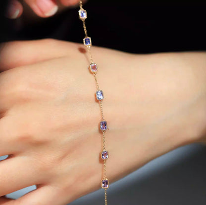 K18YG パープルサファイア エメラルドカット ブレスレット 18K 紫 ステーションチャーム