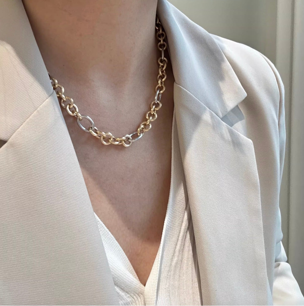 K18YG WG コンビチェーン バイカラー ロロチェーン ミックスリンク ネックレス 太め マット 18K