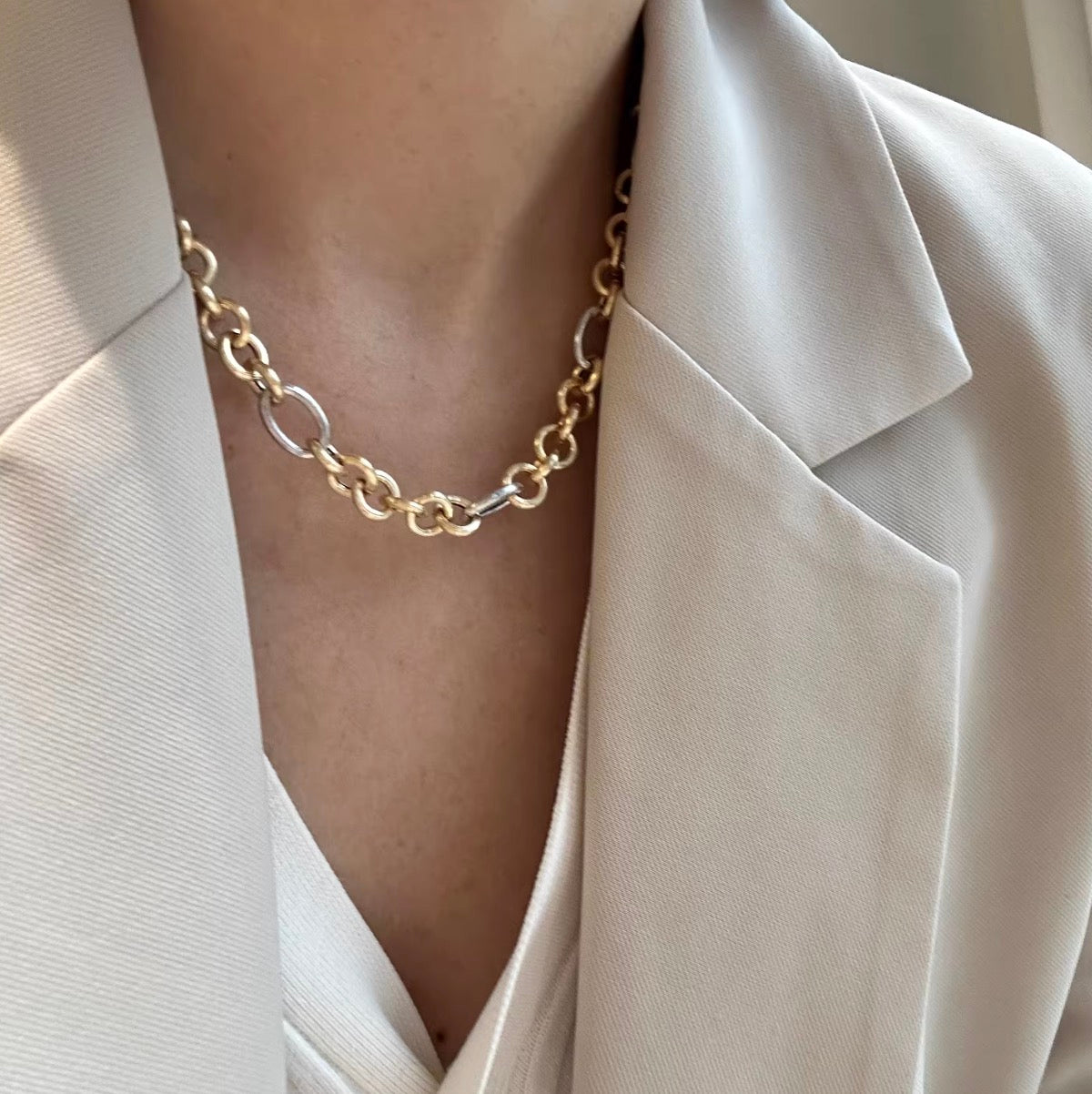 K18YG WG コンビチェーン バイカラー ロロチェーン ミックスリンク ネックレス 太め マット 18K