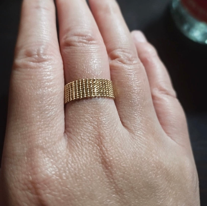 K18YG メッシュリング イエローゴールド アジャスター チェーンリング ワイド メッシュリング バンドリング カットボールチェーン 18K