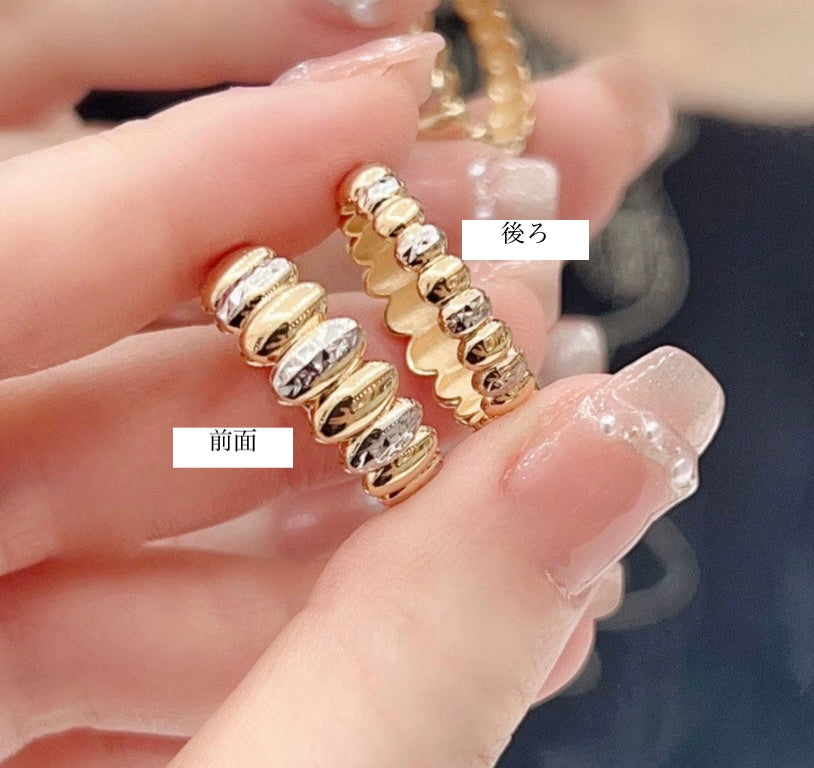 K18YG WG オーバルリンク 指輪 コンビリング 11号 12号 イエローゴールド 18K ツートン イタリアンジュエリー バイカラー ボリューム ダイヤモンドカット