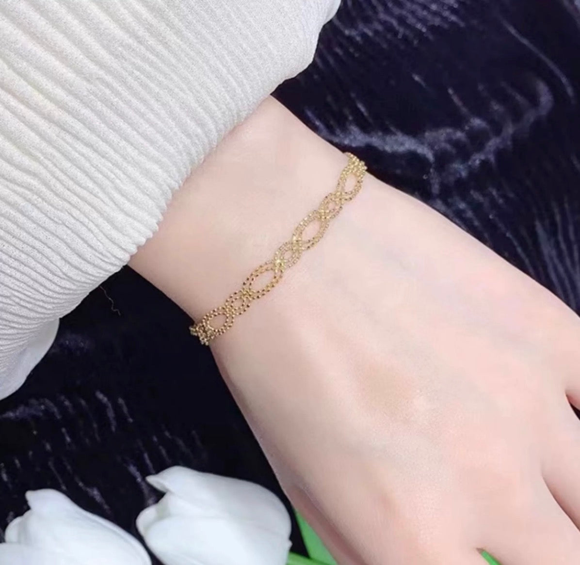 K18YG ブレスレット レースチェーン ダイヤモンドカット 編み込み 18k スライド式アジャスターチェーン ボールチェーン カットボール