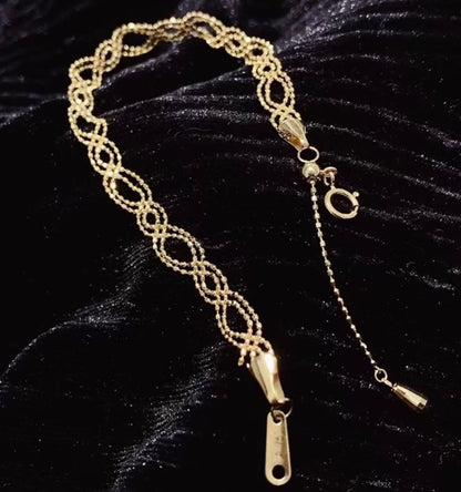K18YG ブレスレット レースチェーン ダイヤモンドカット 編み込み 18k スライド式アジャスターチェーン ボールチェーン カットボール