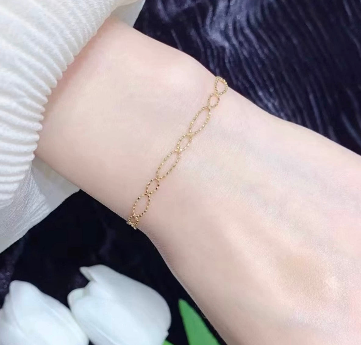 K18YG ブレスレット レースチェーン ダイヤモンドカット 編み込み 18k スライド式アジャスターチェーン ボールチェーン インフィニティ 8