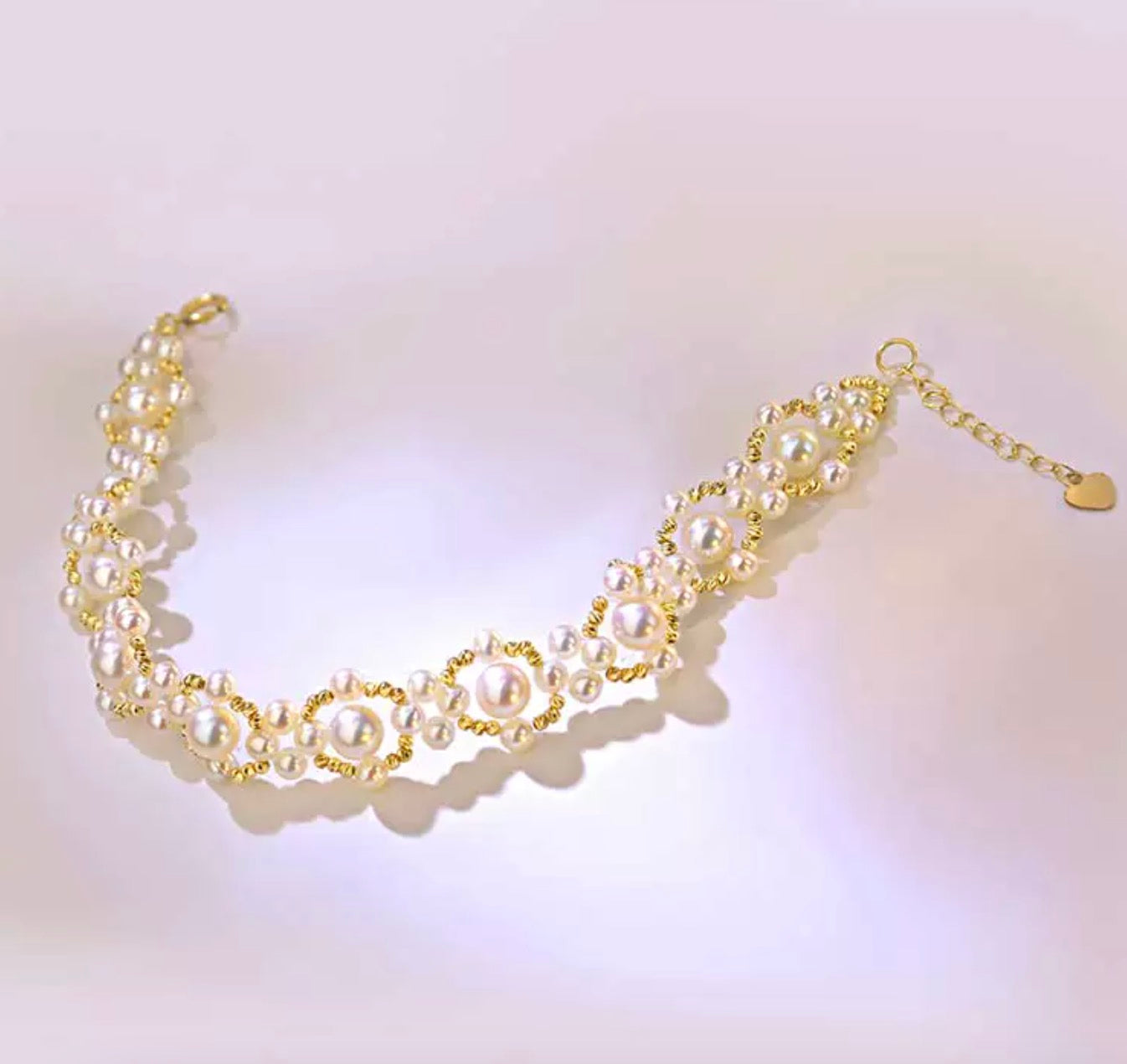K18YG あこや真珠 ブレスレット 18K レース 編み ワイヤー アコヤ真珠 インフィニティ パール 弾力 オーバル カットボール