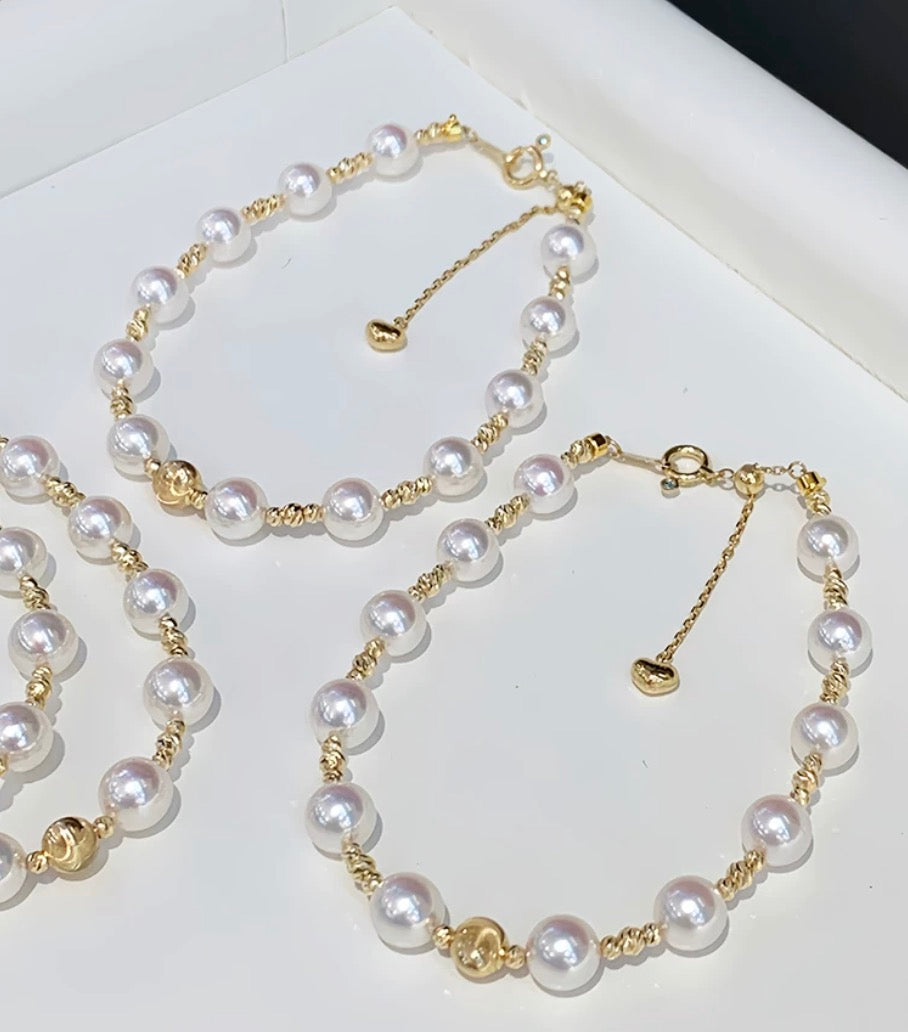 K18YG あこや真珠 ブレスレット ステーションブレスレット 18K アコヤ イエローゴールド ハートチャーム スライド式アジャスターチェーン