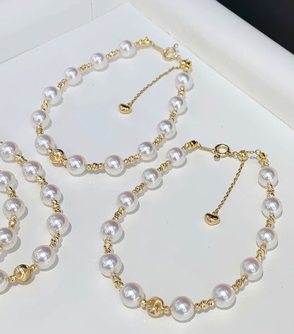 K18YG あこや真珠 ブレスレット ステーションブレスレット 18K アコヤ イエローゴールド ハートチャーム スライド式アジャスターチェーン