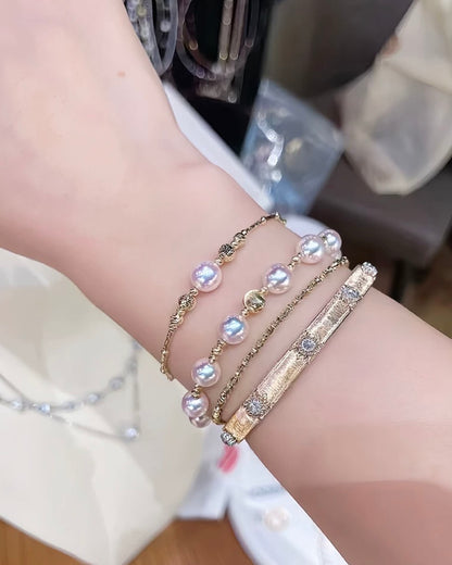 K18YG あこや真珠 ブレスレット ステーションブレスレット 18K アコヤ イエローゴールド ハートチャーム スライド式アジャスターチェーン