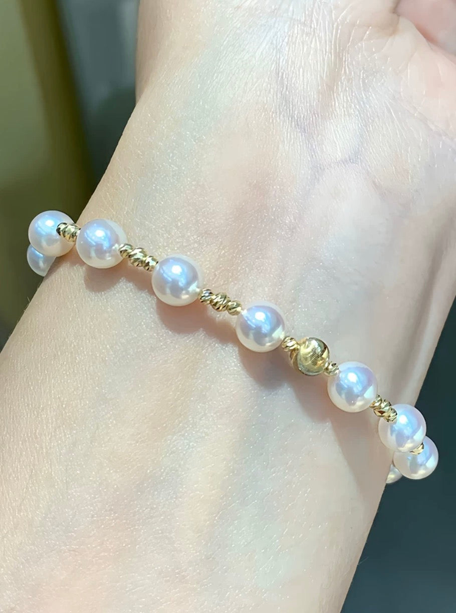 K18YG あこや真珠 ブレスレット ステーションブレスレット 18K アコヤ イエローゴールド ハートチャーム スライド式アジャスターチェーン