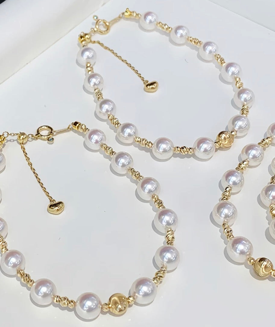 K18YG あこや真珠 ブレスレット ステーションブレスレット 18K アコヤ イエローゴールド ハートチャーム スライド式アジャスターチェーン