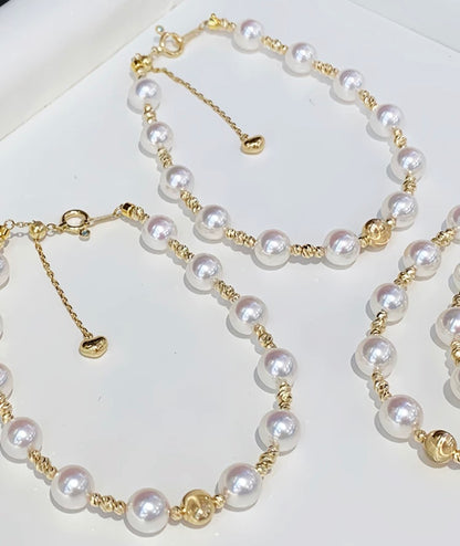 K18YG あこや真珠 ブレスレット ステーションブレスレット 18K アコヤ イエローゴールド ハートチャーム スライド式アジャスターチェーン