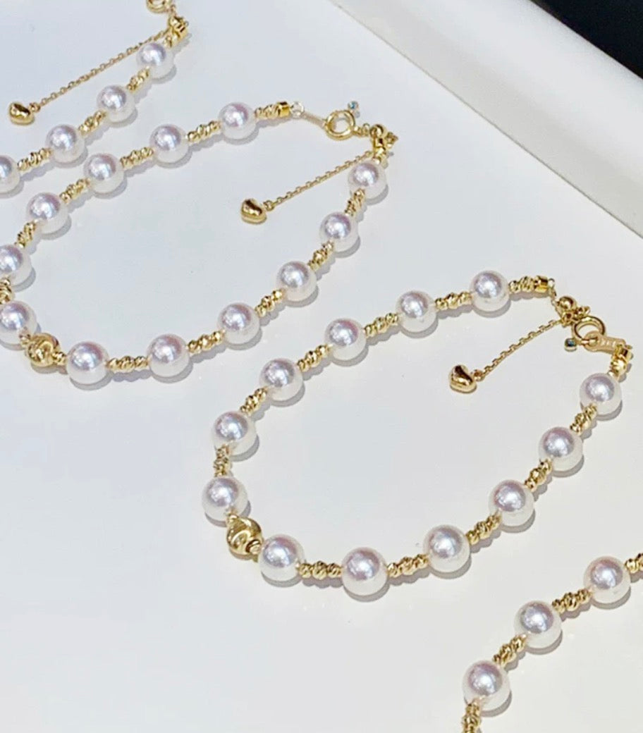 K18YG あこや真珠 ブレスレット ステーションブレスレット 18K アコヤ イエローゴールド ハートチャーム スライド式アジャスターチェーン