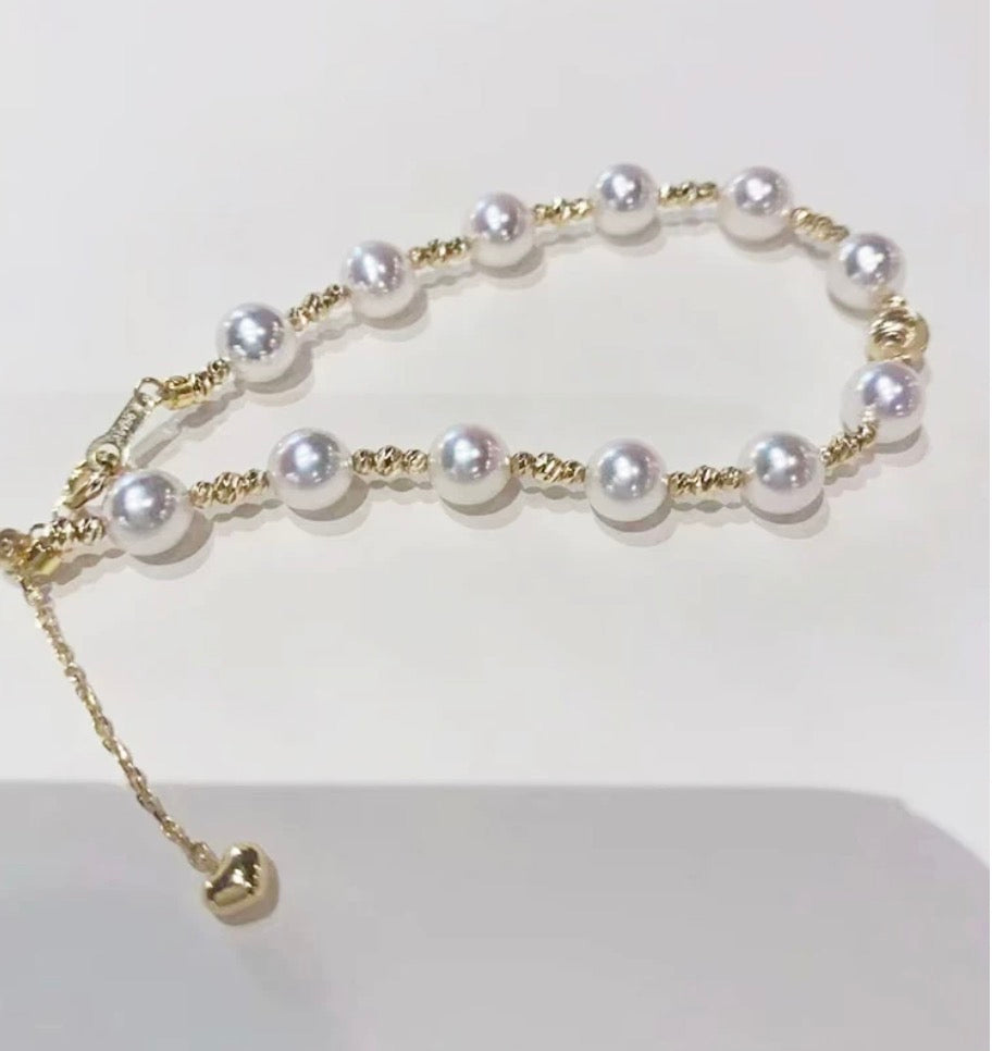 K18YG あこや真珠 ブレスレット ステーションブレスレット 18K アコヤ イエローゴールド ハートチャーム スライド式アジャスターチェーン