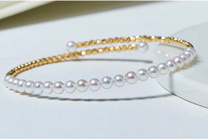 K18YG あこや真珠 彩凛珠 バングル 弾力ワイヤー 18K アコヤ真珠 3-4mm パール オープンバングル ブレスレット カットボール