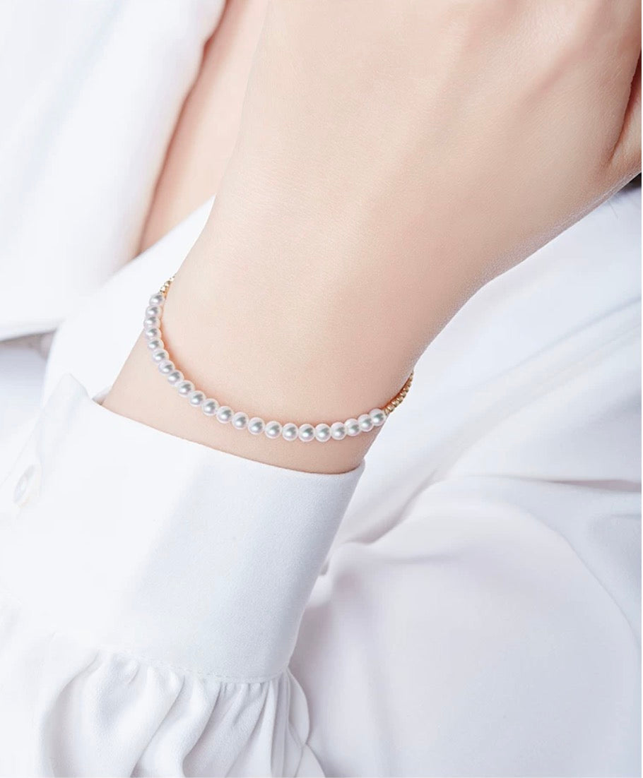 K18YG あこや真珠 彩凛珠 バングル 弾力ワイヤー 18K アコヤ真珠 3-4mm パール オープンバングル ブレスレット カットボール