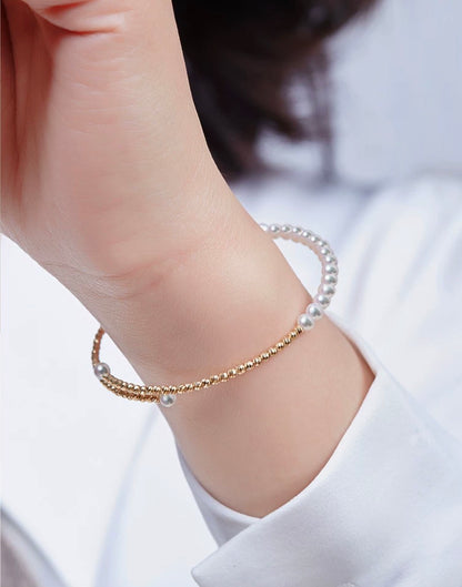 K18YG あこや真珠 彩凛珠 バングル 弾力ワイヤー 18K アコヤ真珠 3-4mm パール オープンバングル ブレスレット カットボール
