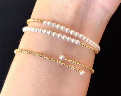 K18YG あこや真珠 彩凛珠 バングル 弾力ワイヤー 18K アコヤ真珠 3-4mm パール オープンバングル ブレスレット カットボール