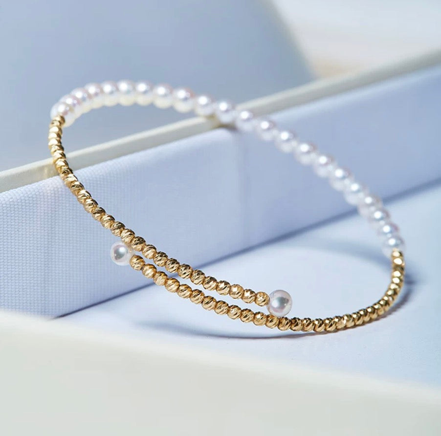K18YG あこや真珠 彩凛珠 バングル 弾力ワイヤー 18K アコヤ真珠 3-4mm パール オープンバングル ブレスレット カットボール