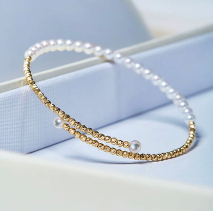 K18YG あこや真珠 彩凛珠 バングル 弾力ワイヤー 18K アコヤ真珠 3-4mm パール オープンバングル ブレスレット カットボール
