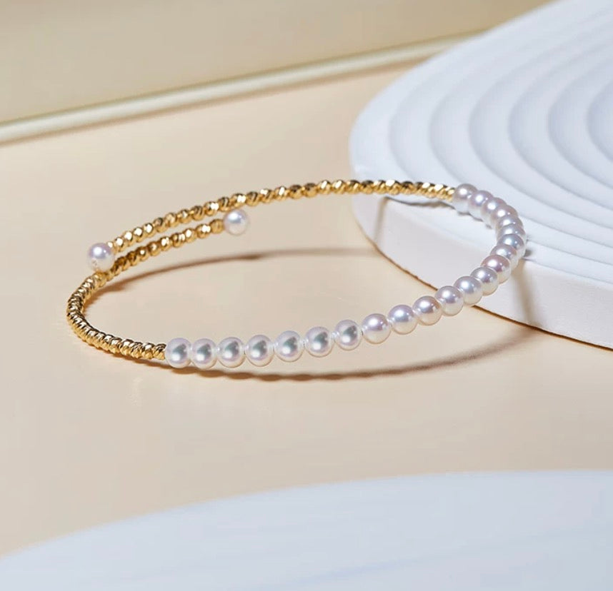 K18YG あこや真珠 彩凛珠 バングル 弾力ワイヤー 18K アコヤ真珠 3-4mm パール オープンバングル ブレスレット カットボール
