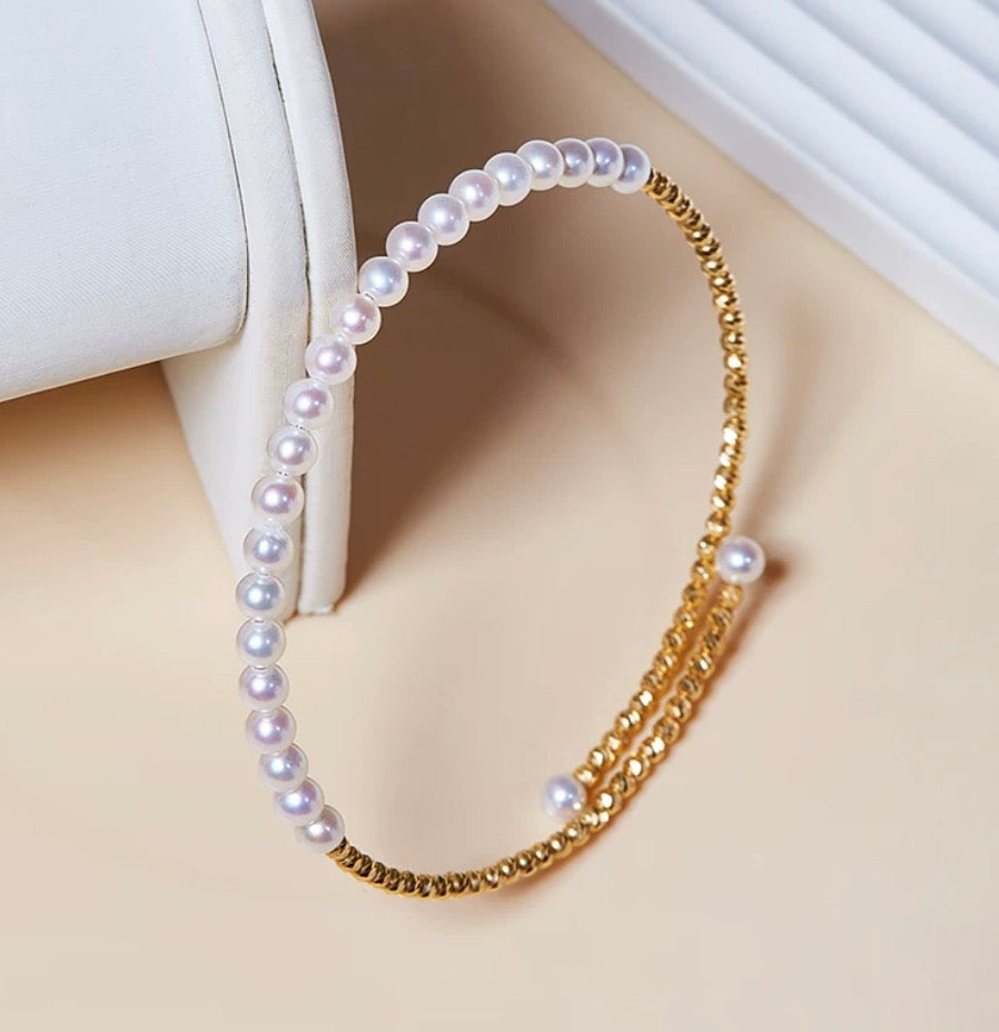 K18YG あこや真珠 彩凛珠 バングル 弾力ワイヤー 18K アコヤ真珠 3-4mm パール オープンバングル ブレスレット カットボール